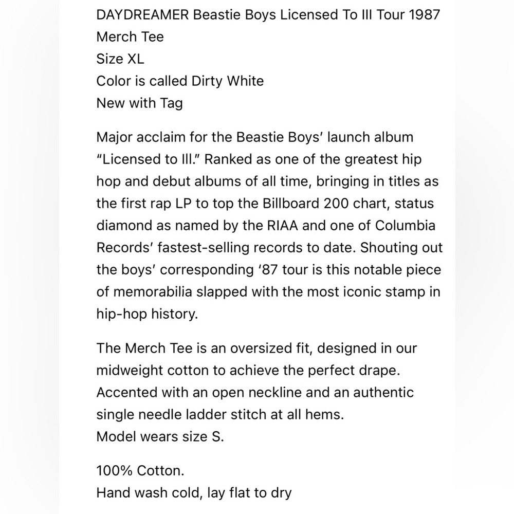 NWT Daydreamer XS Beastie Boys Licensed to Ill Tour 1987 Merch Tee New - Picture 7 of 8